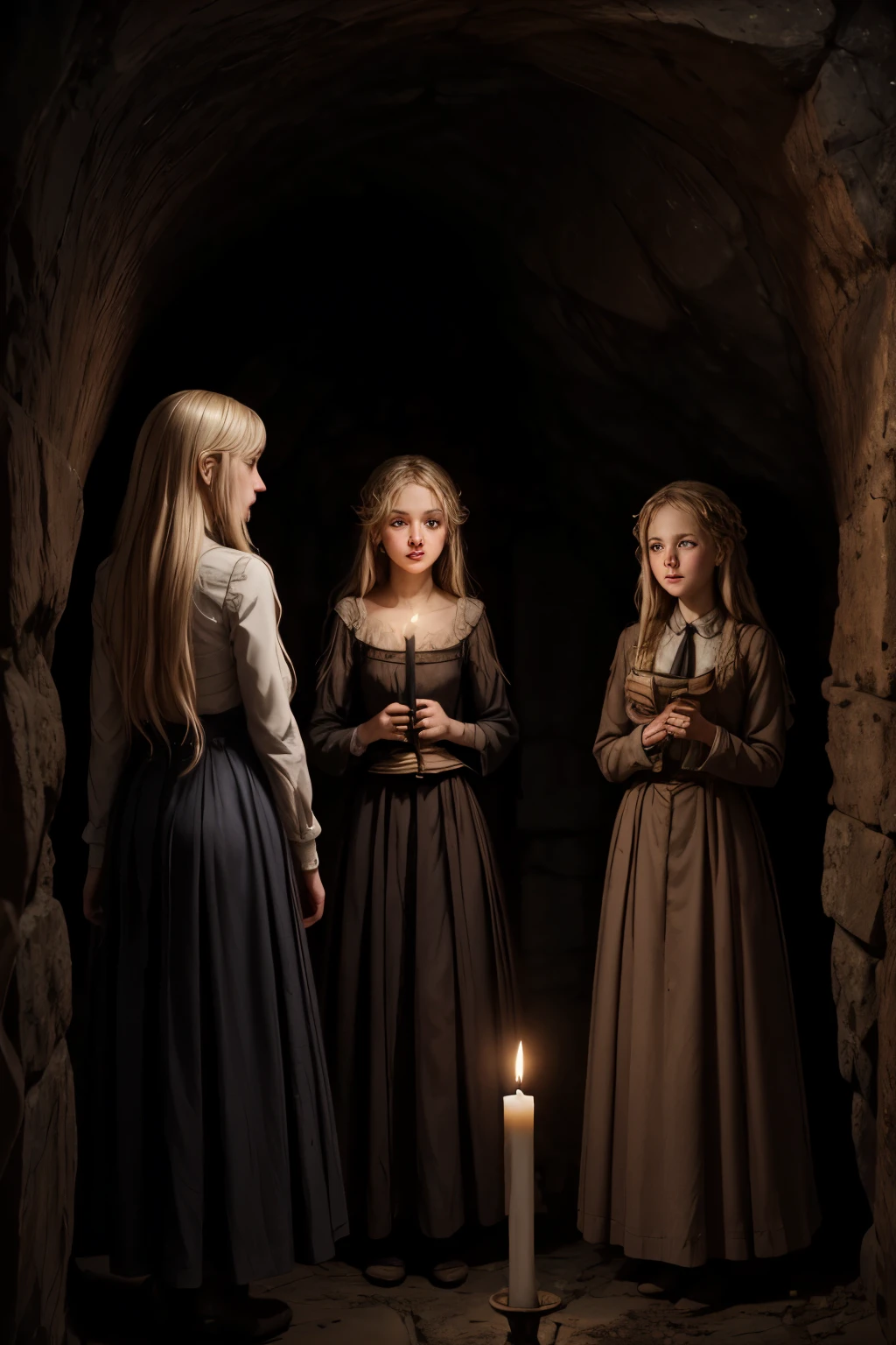 llustration of 15 years old Virginia Otis blonde hair blue eyes youngest cute face, from the Canterville Ghost, furtively observing a group of followers of the Goddess Freia who are celebrating a forbidden ritual inside a mysterious cave. We are sure that only a talented artist like you will be able to capture the essence of this magical and mysterious encounter. Your drawing will be fundamental for the creation of a unique publication, which combines the gothic atmosphere and the charm of the supernatural. Remember to add evocative details, such as candle flames dancing in the dark, shadows moving ominously along the rock walls. Highlight the aura of mystery and emotion that this forbidden encounter evokes.
