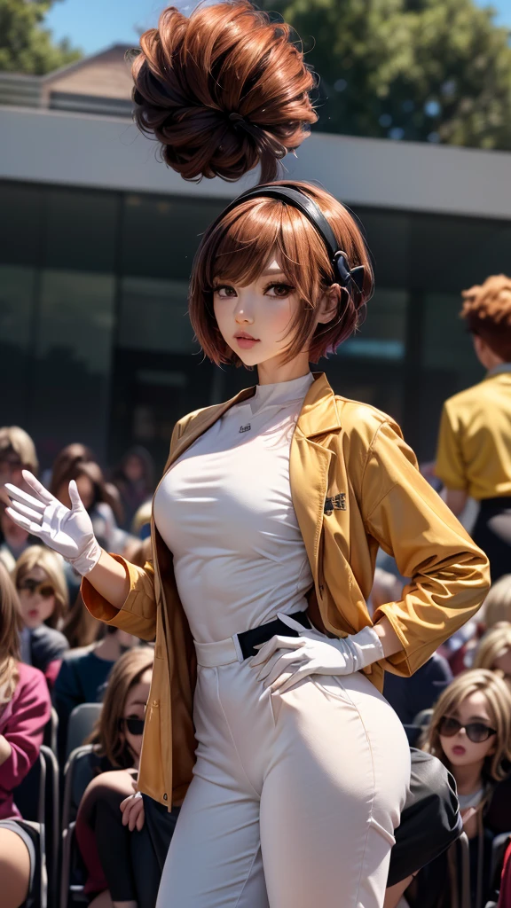 miya_1,orange jacket,chibi,short hair,headgear,standing,waving,outdoors,black jumpsuit,black gloves,two tone gloves,white glove,facing audience,looking at viewer,white_shirt