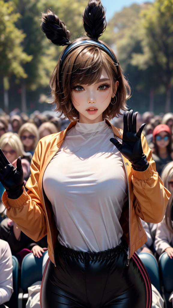 miya_1,orange jacket,chibi,short hair,headgear,standing,waving,outdoors,black jumpsuit,black gloves,two tone gloves,white glove,facing audience,looking at viewer,white_shirt