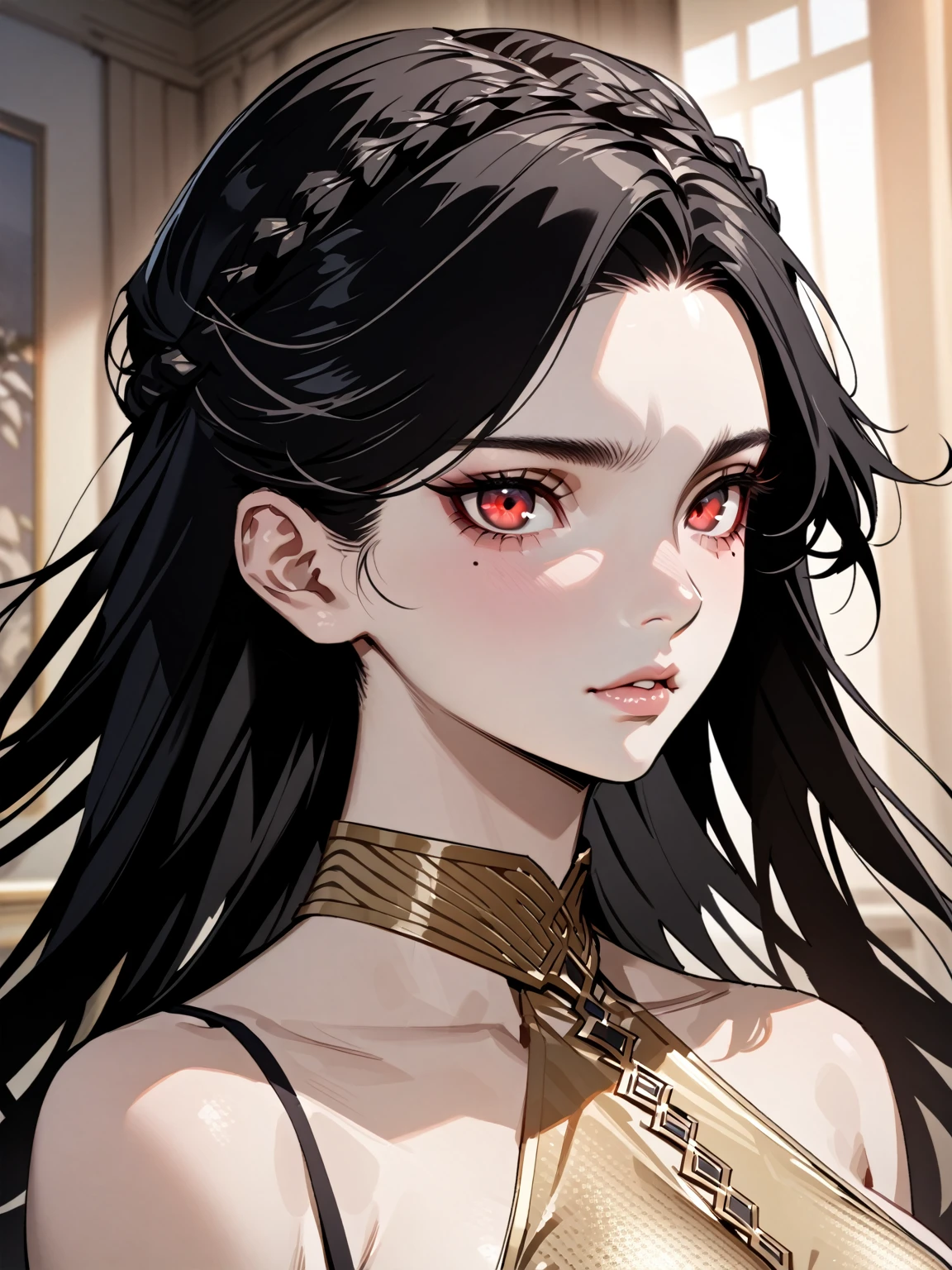 (Masterpiece, best quality, highres) {{Artist: ratatatat74}} 1 woman, solo, portrait, sfw, fully in frame, zoomed out, 21 years old, lips, elegant, long flowing hair, crown braid, black hair, stoic, beautiful eyes, red eyes, mole under right eye, fair skin, beautiful, maiden, perky breasts, curvy, catgirl, black and gold dress, modest clothing, livingroom.
