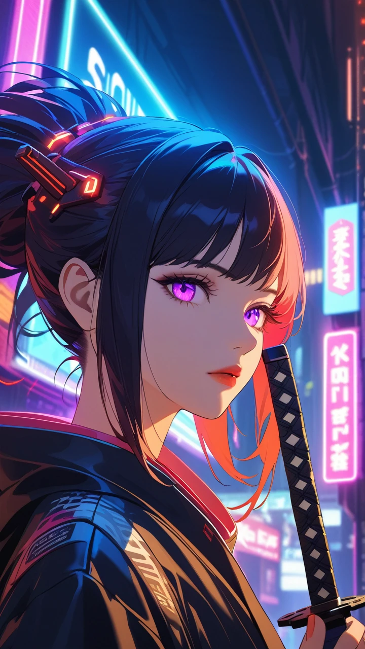 beautiful detailed eyes, beautiful detailed lips, extremely detailed eyes and face, long eyelashes, 1 girl, detailed portrait, kimono, holding katana, cyberpunk style, sci-fi, neon lights, dark atmosphere, dramatic lighting, cinematic, vivid colors, hyper-detailed,