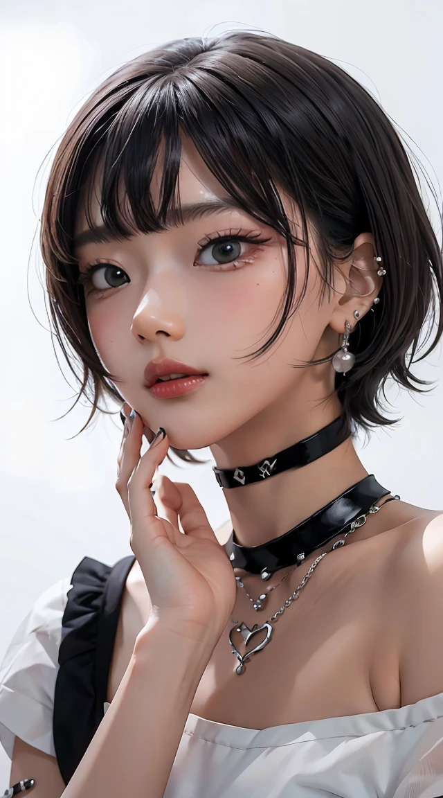 pilyeon, solo, 1girl, black nails, jewelry, short hair, looking at viewer, choker, necklace, hand on own face, piercing, white background, heart, closed mouth, grey eyes, nail polish, simple background, grey hair, ear piercing, black choker, smile, eyelashes, lips, hand on own cheek, bangs, bracelet, beads, gem, earrings, fingernails