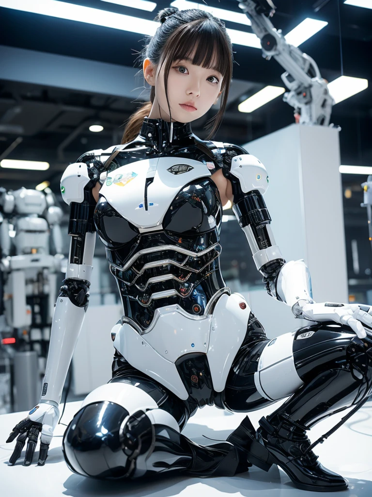 masterpiece, Highest quality, Very detailed, Japaese アンDroid girl,Portraiture,Plump,Thick,Control panel,アンDroid,Droid,Mechanical Hand, robotの腕と脚, Black Hair,Blunt bangs,perfect robot girl,Long tube,A thick cable was attached to her neck.,アンDroid,robot,humanoid,cyborg,japanese cyborg girl ,robot-assembly plant,She is now assembling,Assembly scene,Chubby,Squat