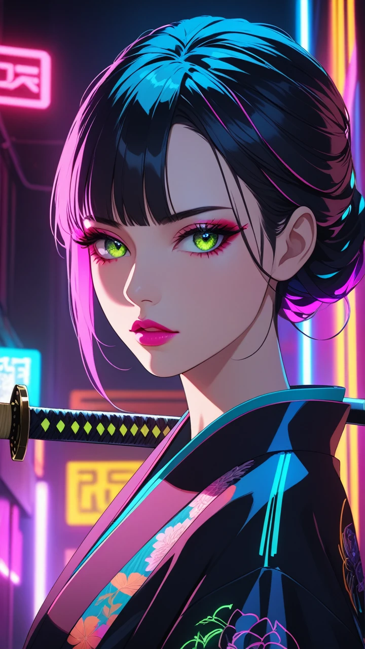 beautiful detailed eyes, beautiful detailed lips, extremely detailed eyes and face, long eyelashes, 1 girl, detailed portrait, kimono, holding katana, cyberpunk style, sci-fi, neon lights, dark atmosphere, dramatic lighting, cinematic, vivid colors, hyper-detailed,