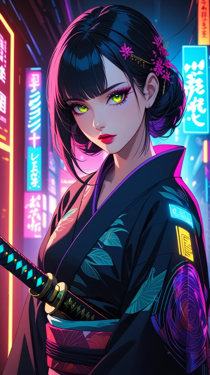 beautiful detailed eyes, beautiful detailed lips, extremely detailed eyes and face, long eyelashes, 1 girl, detailed portrait, kimono, holding katana, cyberpunk style, sci-fi, neon lights, dark atmosphere, dramatic lighting, cinematic, vivid colors, hyper-detailed,