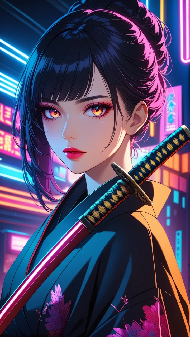 beautiful detailed eyes, beautiful detailed lips, extremely detailed eyes and face, long eyelashes, 1 girl, detailed portrait, kimono, holding katana, cyberpunk style, sci-fi, neon lights, dark atmosphere, dramatic lighting, cinematic, vivid colors, hyper-detailed,