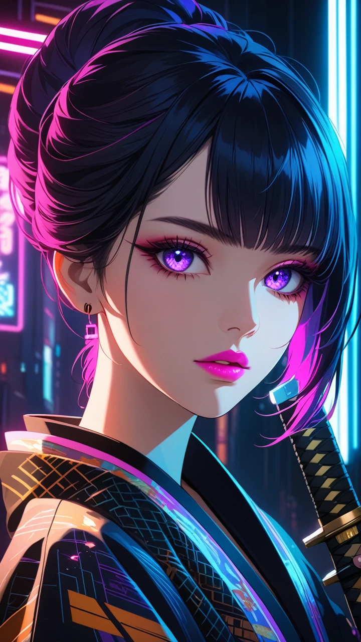 beautiful detailed eyes, beautiful detailed lips, extremely detailed eyes and face, long eyelashes, 1 girl, detailed portrait, kimono, holding katana, cyberpunk style, sci-fi, neon lights, dark atmosphere, dramatic lighting, cinematic, vivid colors, hyper-detailed,