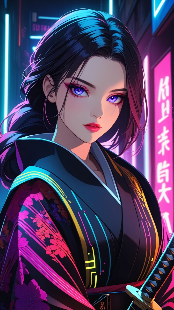 beautiful detailed eyes, beautiful detailed lips, extremely detailed eyes and face, long eyelashes, 1 girl, detailed portrait, kimono, holding katana, cyberpunk style, sci-fi, neon lights, dark atmosphere, dramatic lighting, cinematic, vivid colors, hyper-detailed,