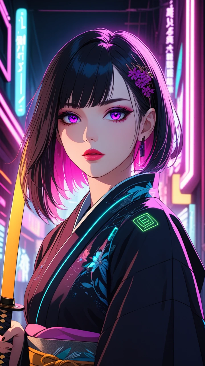 beautiful detailed eyes, beautiful detailed lips, extremely detailed eyes and face, long eyelashes, 1 girl, detailed portrait, kimono, holding katana, cyberpunk style, sci-fi, neon lights, dark atmosphere, dramatic lighting, cinematic, vivid colors, hyper-detailed,