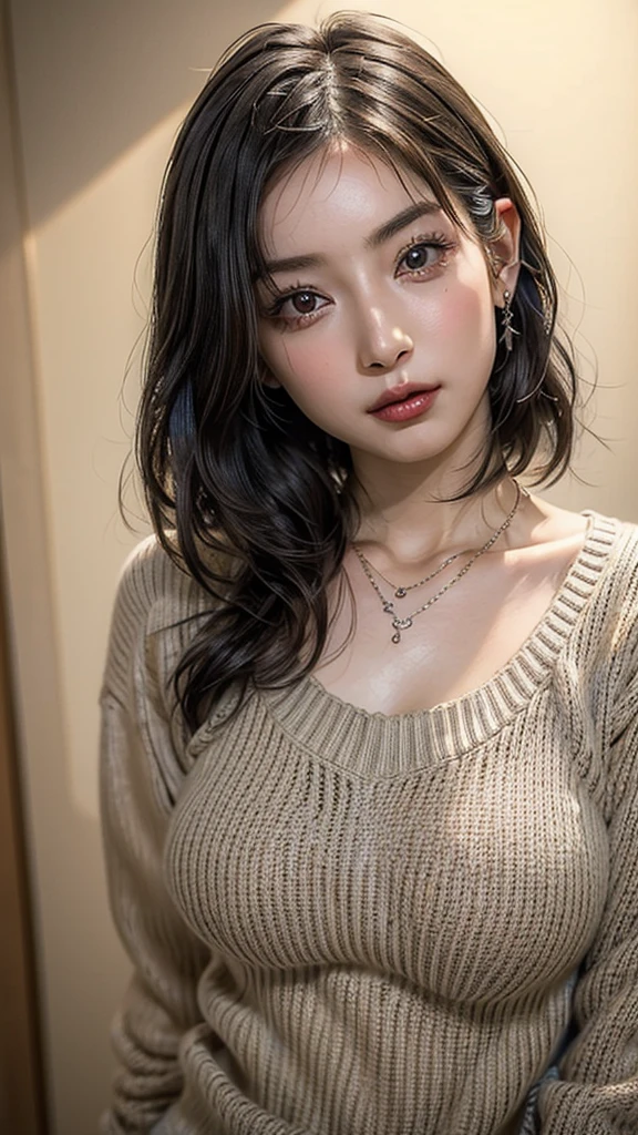 ((Beautiful Face:1.4)), (Purelos Face_v1: 1.0), (Highest quality, 8k, 32K, masterpiece, Ultra-high resolution:1.2),Beautiful Japanese Women Photos, Large Breasts, Very short bob hair,Upper Body,(Extra Large_sweater,:1.1) necklace, Simple Background, Look around,