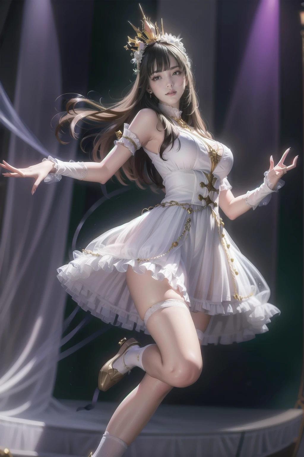 Highest quality、Complete limbs、Full Finger、Slender beauty、Straight hair、Brown Hair、Deresute、green, White and purple idol costume、Knee-high socks、Beautiful big boobs、Live Stage、sing、Dancing、Big smile