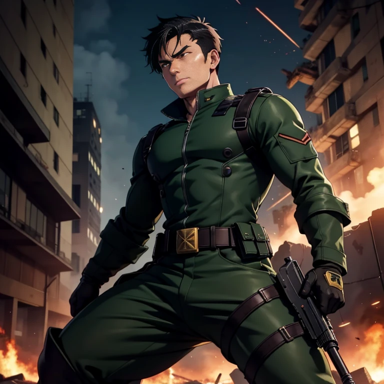 anime、Zeon Army soldiers、30 years old,One Man,、Dark green military uniform、Shocker Belt、Black gloves、Brown boots、With a handgun on his hip、City of Rubble、Surrounding explosions and blast waves　logic, ,Black Hair。Pretty short and even shorter short hair、Handsome soldier　Asian Face　The crotch area of my pants is bulging　Fighting a man in a black full-body suit