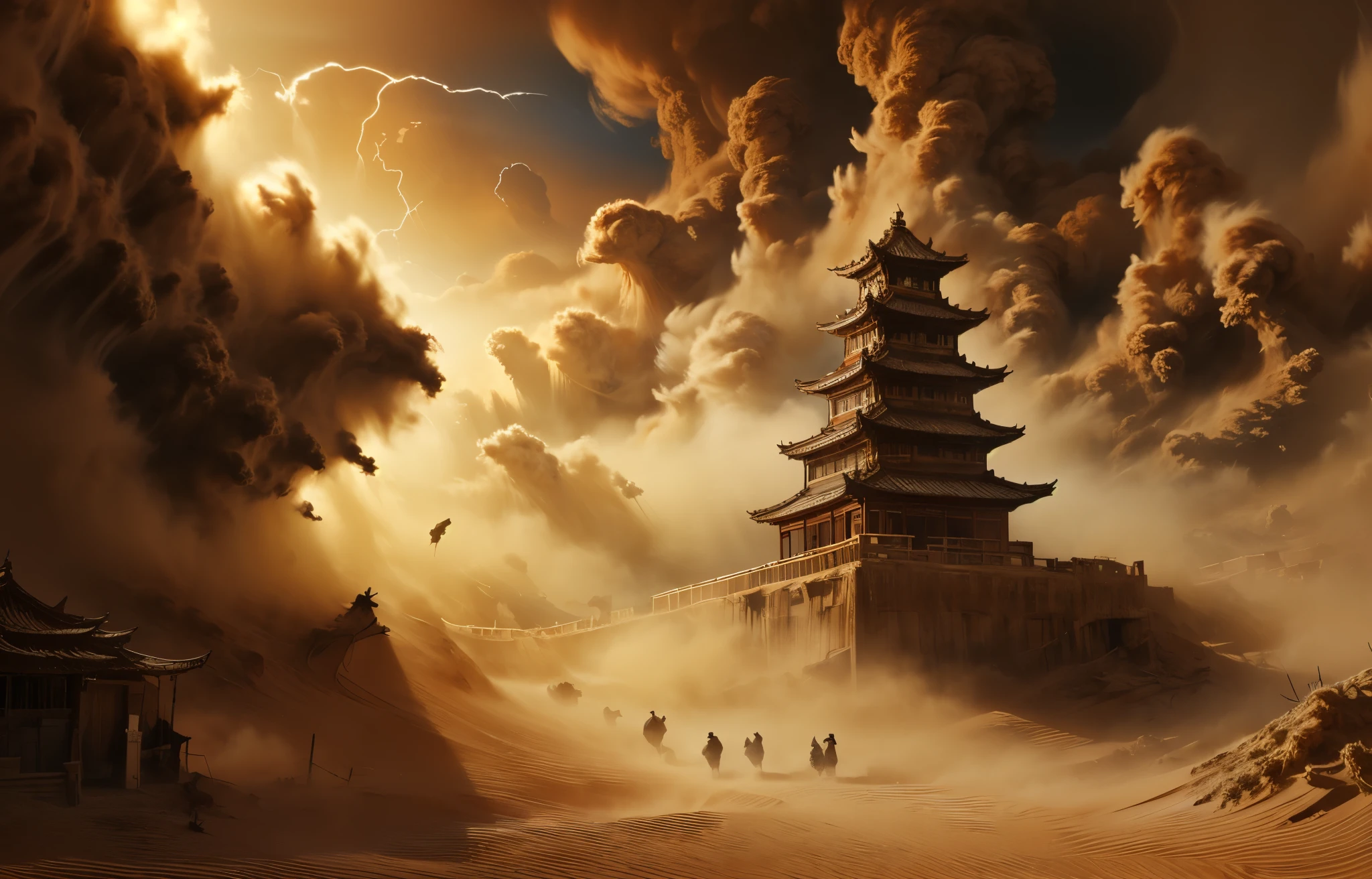 (dramatic, gritty, intense:1.4), masterpiece, best quality, 8k, insane details, intricate details, hyperdetailed, hyper quality, high detail, ultra detailed, Masterpiece, scenery, desert, (2), sandstorm, sunlight, light rays, pagoda, bestquality, highdefinition, huadan, bestquality, masterpiece, highres, 