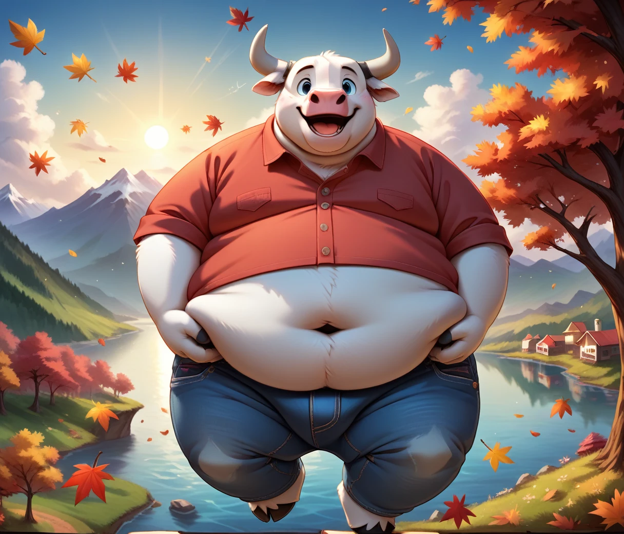 (cute, fat, obese, anthro, male, bull), jeans, red shirt, river, trees, falling leaves, sun, mountains, clouds, close up, happy, (detailed background), hires textures, highly detailed, intricate details, best quality, masterpiece, bright lighting, detailxl, zPDXL2