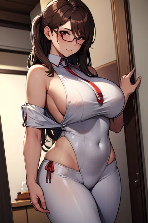 woman　wearing glasses　white skin　brown hair　large breasts　remove the shoulder straps　inside the house