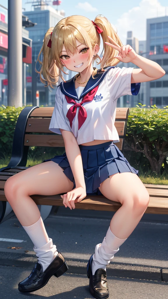 nsfw, (8k、Best image quality、Highest quality、masterpiece)、Detailed face、Detailed Background, Improve、A beautiful 18 year old woman, (Golden Hair:1.5), Short pigtails, (Brown eyes:1.2), (Short), flat chest, , (Short sleeve white shirt:1.5), (Sailor collar), (Red ribbon), (Navy blue pleated mini skirt:1.5), (White loose socks:1.3), (Black Loafers), Gold Necklace, Earrings, (Have a skirt), (grin:1.5), (Blushing:1.4), Sit on a bench in front of the station, spread legs, A large crowd is watching, panties visible, (Pink micro panties:1.2), from front, full body, Peace sign with both hands