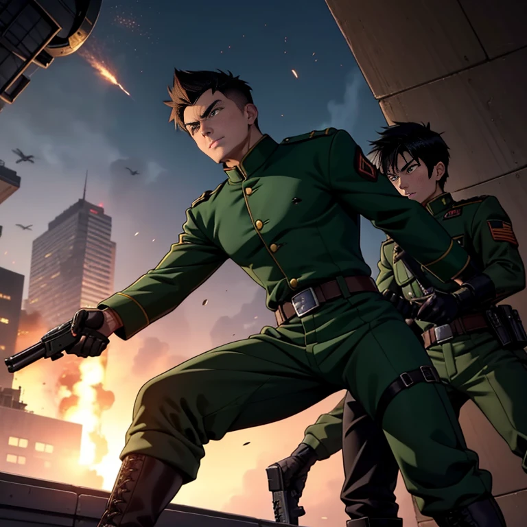 anime、Zeon Army soldiers、30 years old,Two Men,、Dark green military uniform、Shocker Belt、Black gloves、Brown boots、With a handgun on his hip、Skyscraper rooftop、Surrounding explosions and blast waves　logic, ,Black Hair。Pretty short and even shorter short hair、Handsome soldier　Asian Face　The crotch area of my pants is bulging　Fighting a man in a black full-body suit　Seen from below