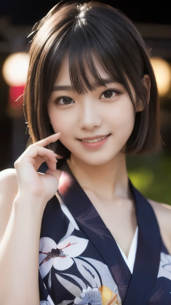 8k,Highest quality,(masterpiece:1.2),(Realistic),(Realistic:1.37),Ultra-high resolution,1 female college student,festival,night,smile,Beautiful Eyes,(((Cute Yukata))),Perfect body,Perfect Fingers,Professional Lighting,gravure,Detailed face and skin texture,fine grain,RAW Photos