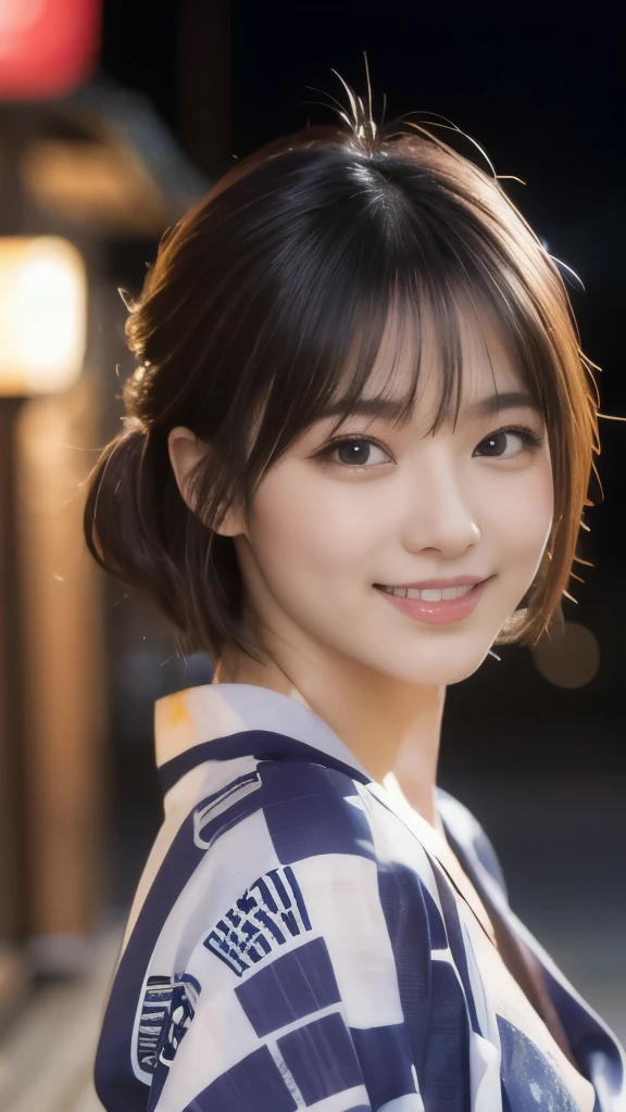 8k,Highest quality,(masterpiece:1.2),(Realistic),(Realistic:1.37),Ultra-high resolution,1 female college student,festival,night,smile,Beautiful Eyes,(((Cute Yukata))),Perfect body,Perfect Fingers,Professional Lighting,gravure,Detailed face and skin texture,fine grain,RAW Photos