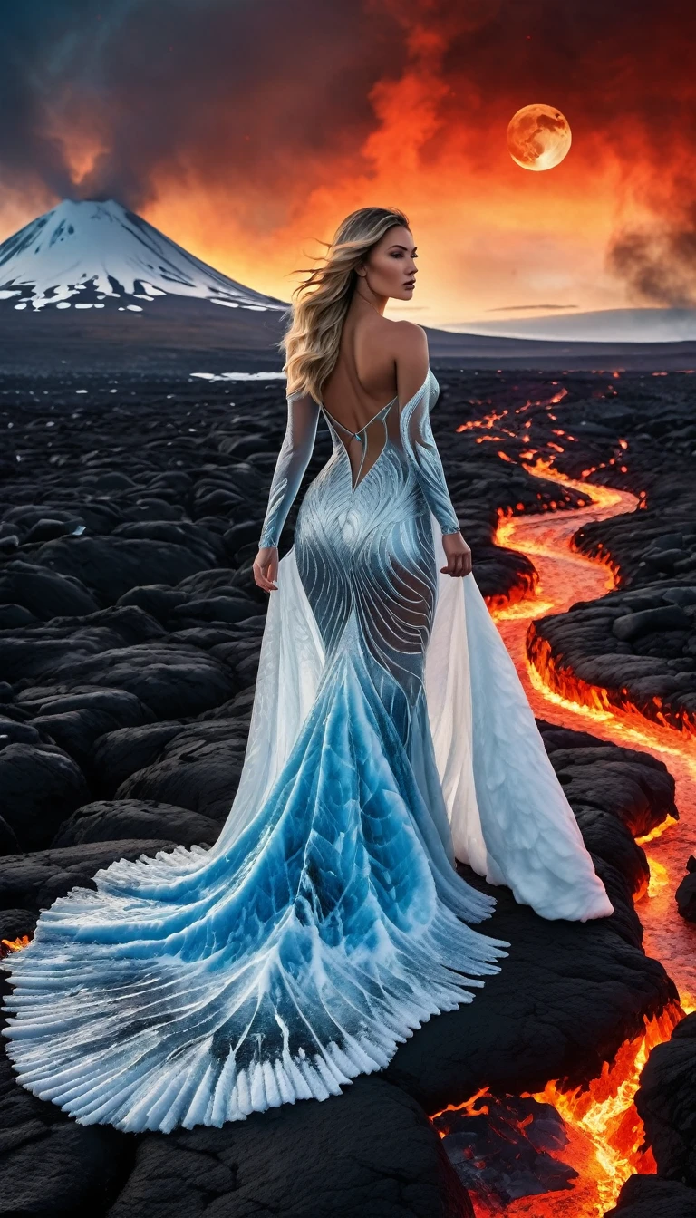 a godlike beautiful woman, whose skin, hair, body and clothing is made of ice on the right side and fire on the left side, stands on a divided landscape that corresponds to the halves of her body, on the right side an arctic landscape, on the left side volcanoes and rivers of lava, she strides towards the viewer,  The arms stretched out to the sides, surrounded by magic in the sky a full moon, half blood-red