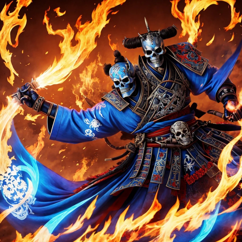 High quality 4K artwork ,Flaming skull-faced samurai with blue flames,kimono branco 