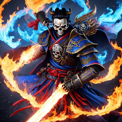 high quality 4k artwork ,flaming skull-faced samurai with blue flames,kimono branco