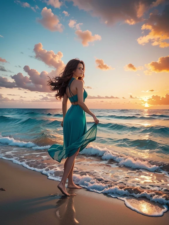 high quality, high resolution, best composition, photorealistic, summer beach scene, waves crashing on rocky beach, big splash, woman walking in the surf, flawless beauty, long hair, straight hair, blue-green dress with open neckline swaying in the wind, full body image, seductive sunset over the horizon Sunset, blend of orange, pink, sky tinted yellow. Clear ocean water gently touching the shore, red tinted clouds, dynamic, breathtaking, fantastic, peaceful and beautiful scenery.