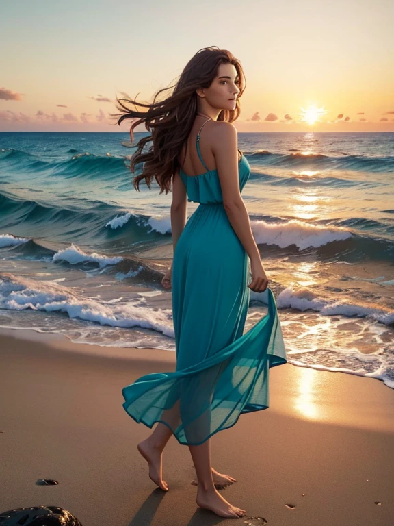 high quality, high resolution, best composition, photorealistic, summer beach scene, waves crashing on rocky beach, big splash, woman walking in the surf, flawless beauty, long hair, straight hair, blue-green dress with open neckline swaying in the wind, full body image, seductive sunset over the horizon Sunset, blend of orange, pink, sky tinted yellow. Clear ocean water gently touching the shore, red tinted clouds, dynamic, breathtaking, fantastic, peaceful and beautiful scenery.