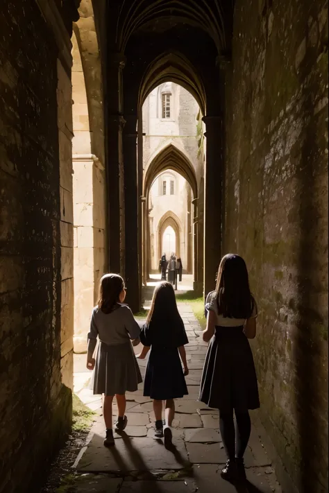 two fifteen year olds and a nine year old girl exploring an abbey, dark atmosphere, spooky place, darkness, eerie shadows, ancie...