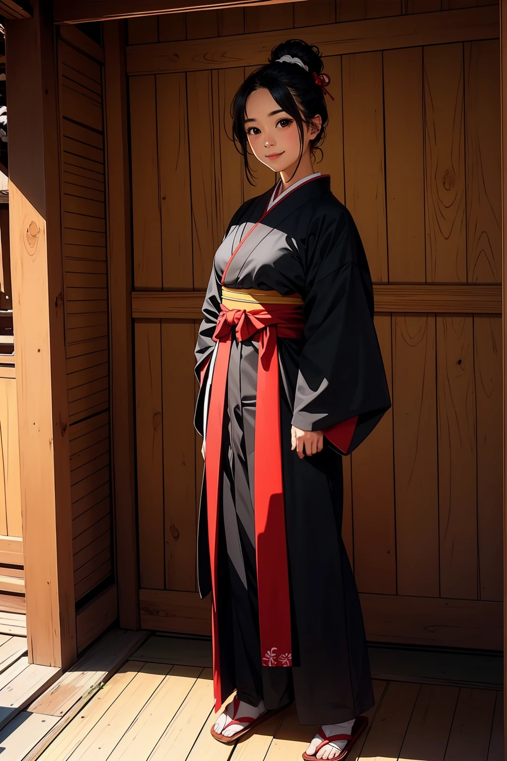 1 female, brown updo hairstyle, black headband, wearing black shinobi costume, standing inside japanese traditional house, smile,