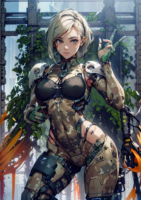 below is a high quality and coherent sd prompt。 beautiful woman in a slingshot bikini with camouflage and mechanical details。dre...