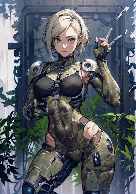 below is a high quality and coherent sd prompt。 beautiful woman in a slingshot bikini with camouflage and mechanical details。dre...