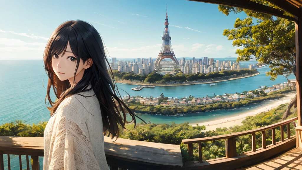 Shiraishi Mei, Looks exactly like Shiraishi Mei、Time is night、Tokyo Tower in the background、Big fireworks、Oceanの方を向いている後ろ姿、Woman looking up at the sky ,Long Hair,  Black Hair,, Photo from the side, Realistic, Highest quality, Detailed face, Strong sunlight, Ocean, Embankment, Detailed Background, Diffused sunlight, Written boundary depth, Bokeh (Highest quality: 1.2), (masterpiece: 1.2), Watch Viewer, one piece, White Theme, ,Vision、(((Panorama:1.2)))