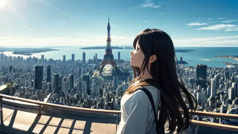 shiraishi mei, looks exactly like shiraishi mei、time is night、tokyo tower in the background、big fireworks、oceanの方を向いている後ろ姿、woman...