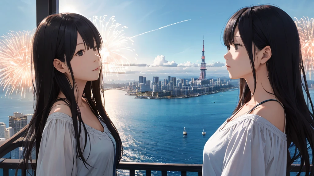 Shiraishi Mei, Looks exactly like Shiraishi Mei、Time is night、Tokyo Tower in the background、Big fireworks、Oceanの方を向いている後ろ姿、Woman looking up at the sky ,Long Hair,  Black Hair,, Photo from the side, Realistic, Highest quality, Detailed face, Strong sunlight, Ocean, Embankment, Detailed Background, Diffused sunlight, Written boundary depth, Bokeh (Highest quality: 1.2), (masterpiece: 1.2), Watch Viewer, one piece, White Theme, ,Vision、(((Panorama:1.2)))