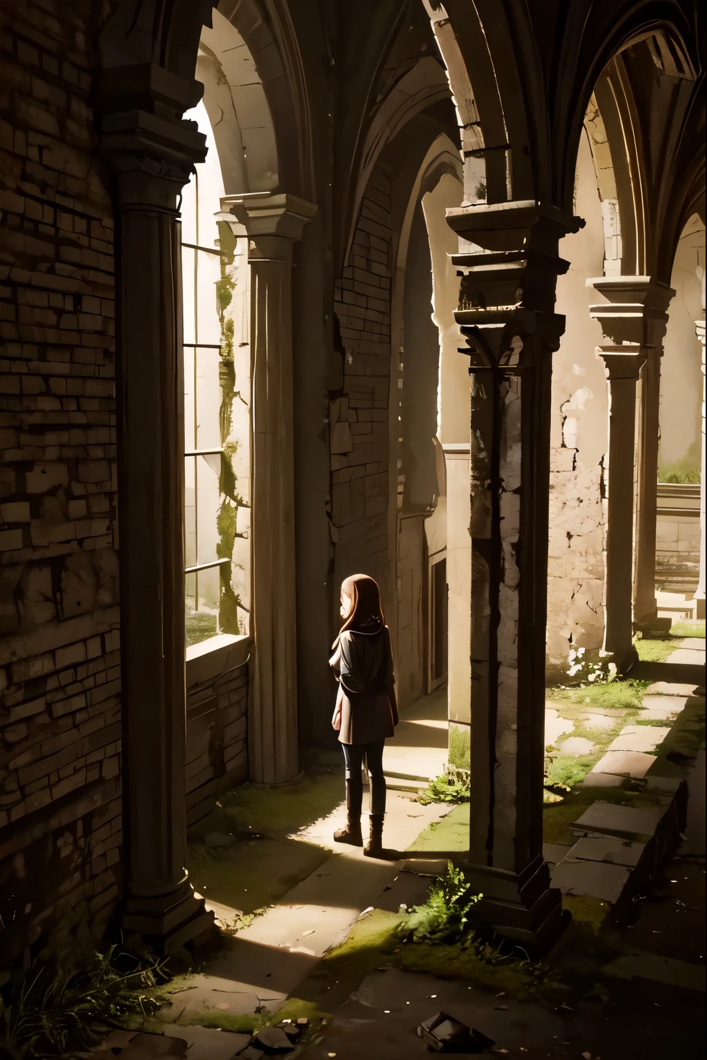 two fifteen-year-old girls and a nine-year-old girl explore a ruined abbey, dark atmosphere, spooky place, darkness, eerie shadows, ancient ruined medieval frescoes on the walls, wearing trousers and boots