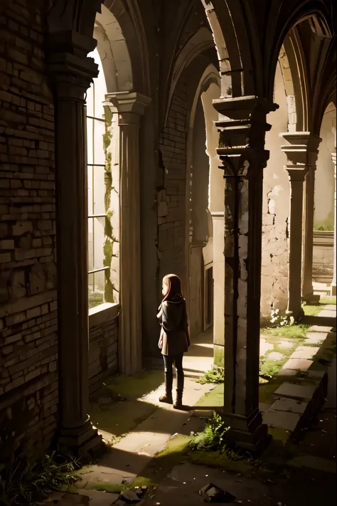 two fifteen-year-old girls and a nine-year-old girl explore a ruined abbey, dark atmosphere, spooky place, darkness, eerie shado...