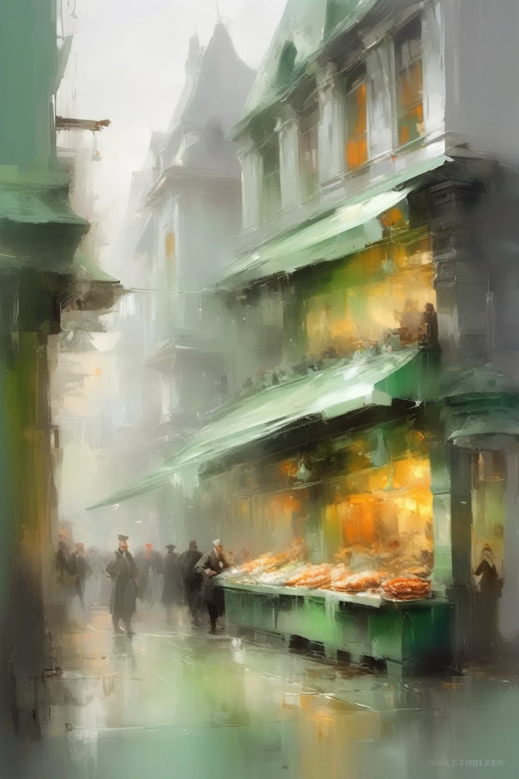 Willem Henraets style - fantasy city butcher shop. Greenish gray accents. Willem Henraets-esque abstract oil painting.