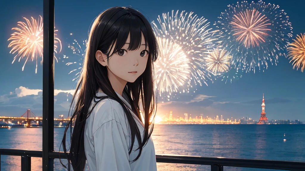 Shiraishi Mei, Looks exactly like Shiraishi Mei、Time is night、Tokyo Tower in the background、Big fireworks、Oceanの方を向いている後ろ姿、Woman looking up at the sky ,Long Hair,  Black Hair,, Photo from the side, Realistic, Highest quality, Detailed face, , Ocean, Embankment, Detailed Background,, Written boundary depth, Bokeh (Highest quality: 1.2), (masterpiece: 1.2), Watch Viewer, one piece, White Theme, ,Vision、(((Panorama:1.2)))