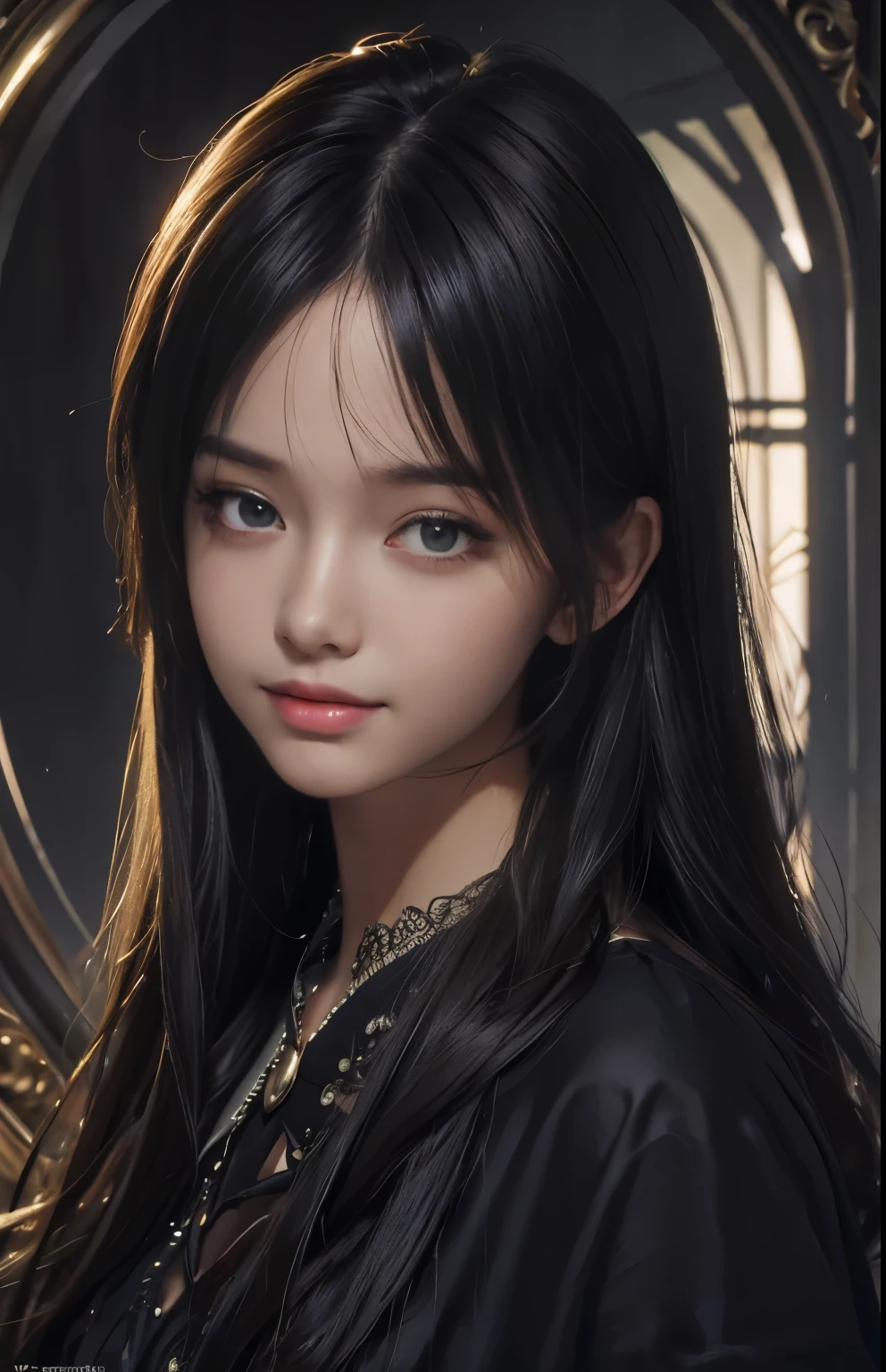 (extremely realistic), (illustration), (improved resolution), (8k), (very detailed), (Best illustration), (beautiful and delicate eyes), (best quality), (very detailed), (masterpiece ), ( wallpaper), (detailed face), alone, 1 girl, looking at viewer, fine details, detailed face, in the dark, deep shadows, low key, pure face_v1, smiling, long hair, black shawl straight hair , 46 point diagonal bangs