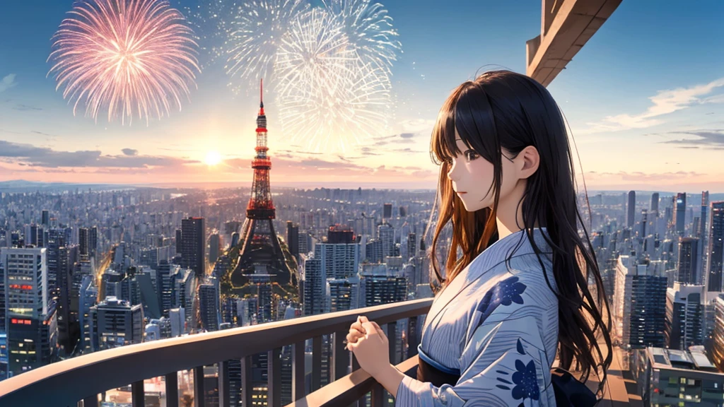 Shiraishi Mei, Looks exactly like Shiraishi Mei、Time is night、Tokyo Tower in the background、Big fireworks、Oceanの方を向いている後ろ姿、Woman looking up at the sky ,Long Hair,  Black Hair,, Photo from the side, Realistic, Highest quality, Detailed face, , Ocean, Embankment, Detailed Background,, Written boundary depth, Bokeh (Highest quality: 1.2), (masterpiece: 1.2), Watch Viewer, yukata ,Vision、(((Panorama:1.2)))