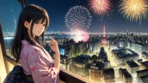 shiraishi mei, looks exactly like shiraishi mei、time is night、tokyo tower in the background、big fireworks、oceanの方を向いている後ろ姿、woman...