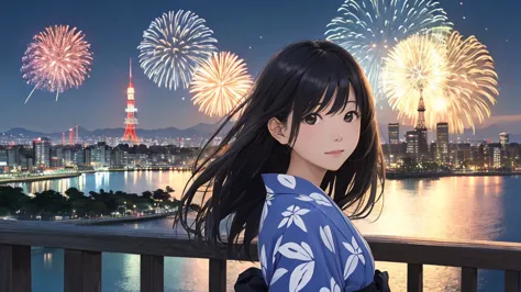 shiraishi mei, looks exactly like shiraishi mei、time is night、tokyo tower in the background、big fireworks、oceanの方を向いている後ろ姿、woman...