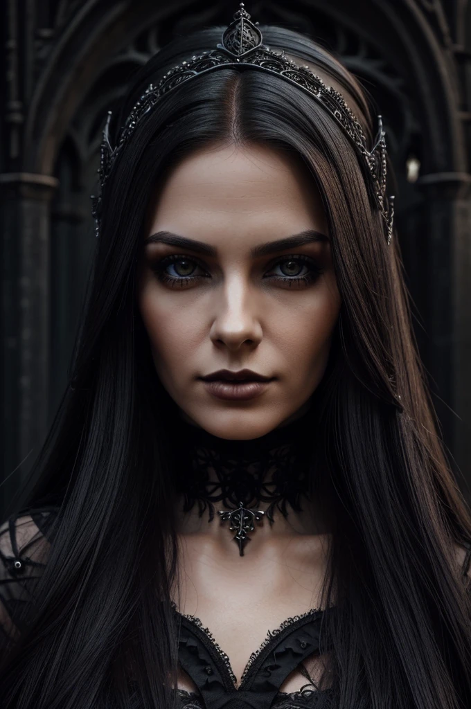 1 European gothic woman, pretty face, long straight hair, ultra detailed face and eyes, hyperrealistic, realistic representation, 30 years old, she is wearing black gothic clothing