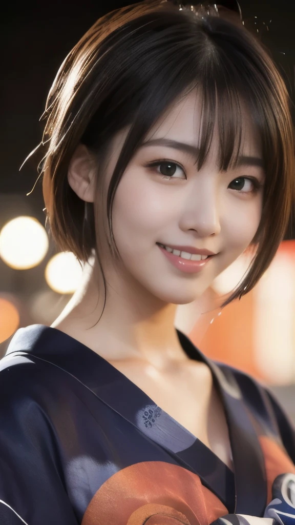 8k,Highest quality,(masterpiece:1.2),(Realistic),(Realistic:1.37),Ultra-high resolution,1 female college student,festival,night,smile,Beautiful Eyes,(((Cute Yukata))),Perfect body,Perfect Fingers,Professional Lighting,gravure,Detailed face and skin texture,fine grain,RAW Photos