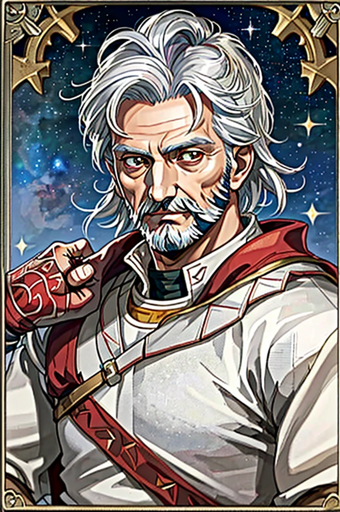 Highest quality, masterpiece, High resolution,，（Hannibal　Barca），（smug face），Roman Empire，Starry Sky_background，Old Man，Anime Style, 4K, alone，（whole body）， looking at the camera, White toga，（Red_coat）White Hair，Short Hair，White Beard（Full Finger）, Hyper Detail, (Intricate details),