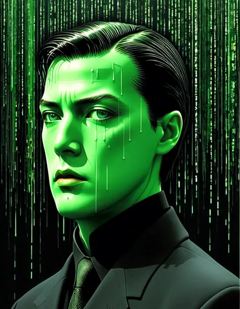 the matrix movie neo by rené magritte，weird misplaced art：collage画，there are many different things on the face，geometric disloca...