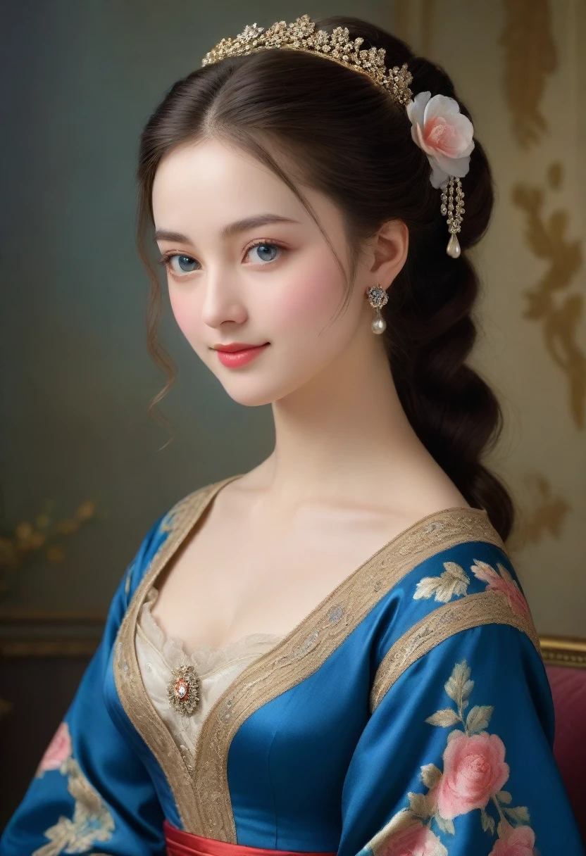 (High resolution,masterpiece:1.2),(Realistic:1.37)"(Highest quality, High resolution, Very detailed, Realistic),A beautiful portrait of a 19th-century beauty, (She is half French and half Japanese., She is a beautiful woman with deep blue eyes and a high nose.:1.1), An exquisite French court dress, Detailed facial features, Long and graceful neck, Long, flowing hair, Graceful posture, Soft and delicate lighting, Classical Oil Painting Medium, Vibrant colors, Delicate background with floral motifs", (Her hair is down,, very long and flowing down her back), Trimmed bangs, Looking at me with a dazzling smile