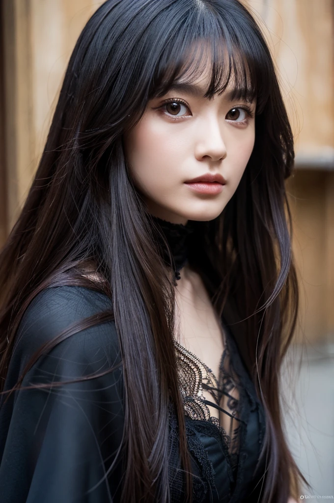 1 European gothic woman, pretty face, long straight hair, ultra detailed face and eyes, hyperrealistic, realistic representation, 30 years old, she is wearing black gothic clothing