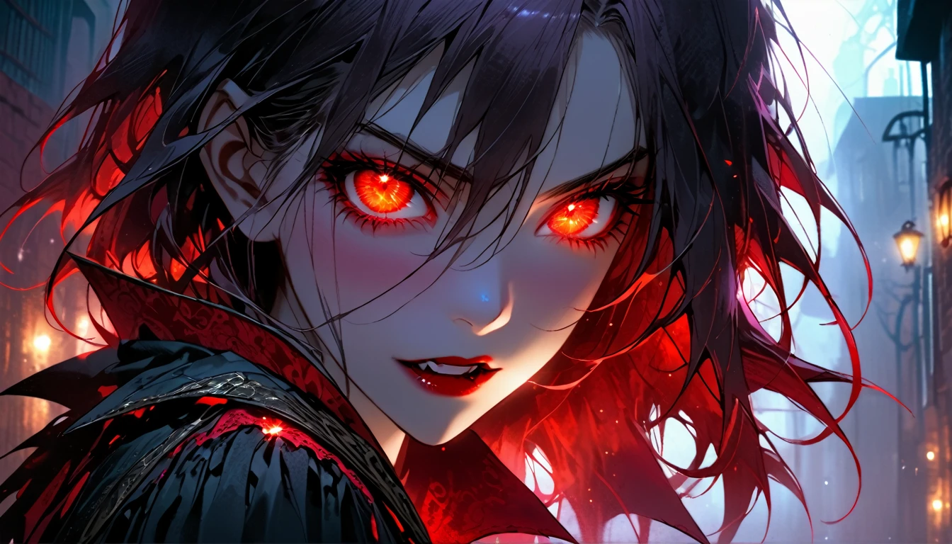 ((a female vampire's pair of glowing eyes shines)) close up picture, the fog hides the face, you see only the glowing eyes , you see only the pair of eyes, fantasy dark alley background, the fog fills the alley, you see only the glowing eyes 